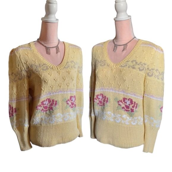 VTG 70s Yellow Pink Floral Cable Knit Vneck Sweater Large *Fits like Small - Picture 5 of 16